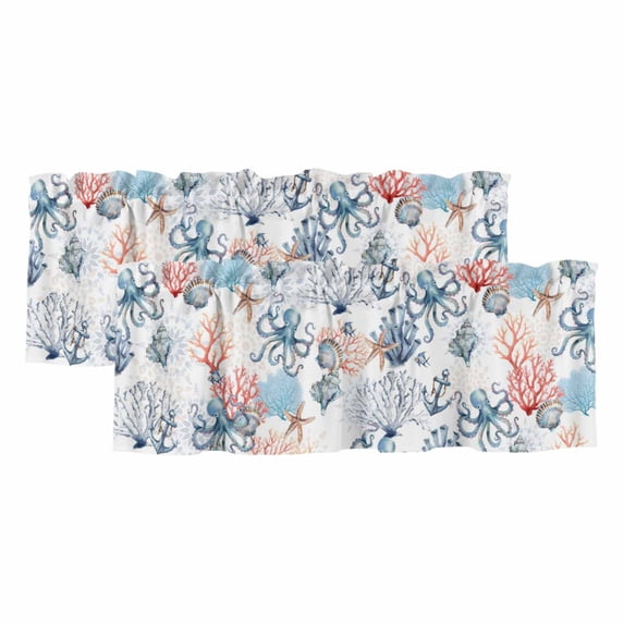 2 Pack Valances for Windows, Coastal Ocean Window Valances for Living Room/Bedroom/Bathroom, Summer Beach Nautical Octopus Corals Light Filtering Kitchen Curtain Valance Window Treatment 42"W x12" L