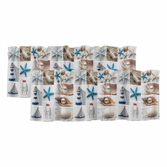 2 Pack Valances for Windows, Coastal Starfish Window Valances for Living Room/Bedroom/Bathroom, Beach Lighthouse Conch Shell Ocean Pearl Light Filtering Kitchen Curtain Valance 42"W x12" L