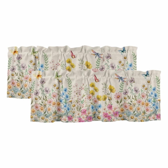 2 Pack Valances for Windows, Colorful Floral Window Valances for Living Room/Bedroom/Bathroom, Farmhouse Country Dragonfly Butterfly Flower Light Filtering Kitchen Curtain Valance 42"W x18" L