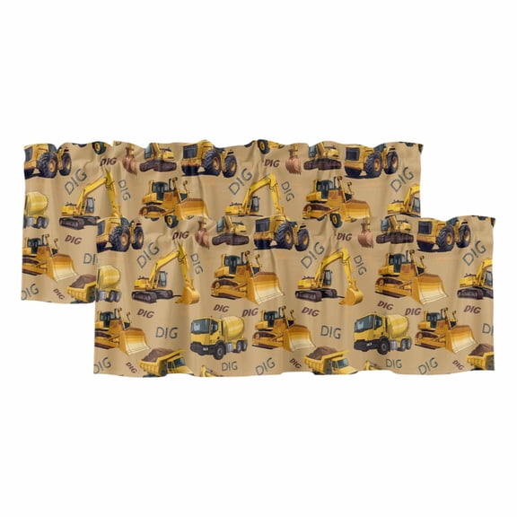 2 Pack Valances for Windows, Construction Truck Window Valances for Living Room/Bedroom/Bathroom, Cartoon Grips and Bulldozers Turmeric Light Filtering Kitchen Curtain Valance 42"W x12" L
