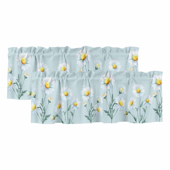 2 Pack Valances for Windows, Daisy Flowers Window Valances for Living Room/Bedroom/Bathroom, Spring Floral Leaves Plants Light Blue Light Filtering Kitchen Curtain Valance 54"W x18" L