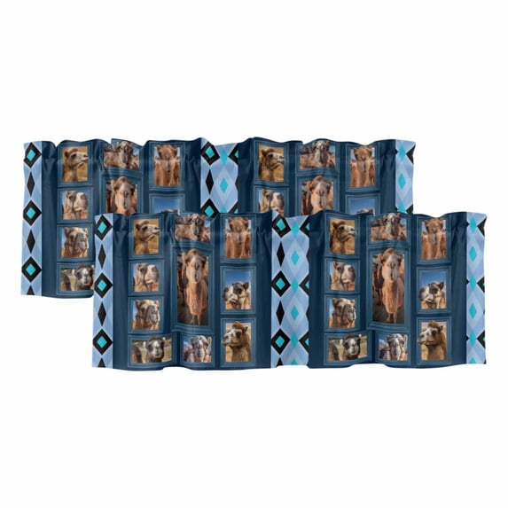 2 Pack Valances for Windows, Desert Camels Window Valances for Living Room/Bedroom/Bathroom, Wildlife Brown Animals Blue Geometric Light Filtering Kitchen Curtain Valance 42"W x12" L