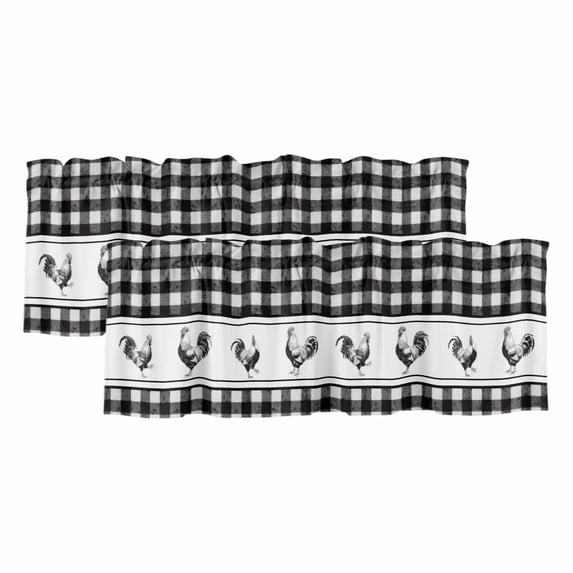 2 Pack Valances for Windows, Farmhouse Black Plaid Window Valances for Living Room/Bedroom/Bathroom, Vintage Country Cock Checkered Light Filtering Kitchen Curtain Valance 42"W x12" L