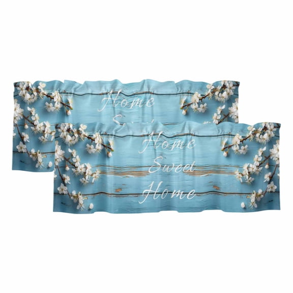 2 Pack Valances for Windows, Farmhouse Wooden Grain Window Valances for Living Room/Bedroom/Bathroom, Vintage Shabby Chic Flower Blue Light Filtering Kitchen Curtain Valance 42"W x12" L