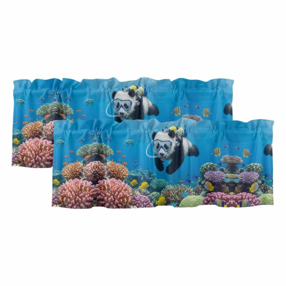 2 Pack Valances for Windows, Funny Diving Panda Window Valances for Living Room/Bedroom/Bathroom, Ocean Sea Coastal Coral Fish Marine Life Light Filtering Kitchen Curtain Valance 42"W x12" L