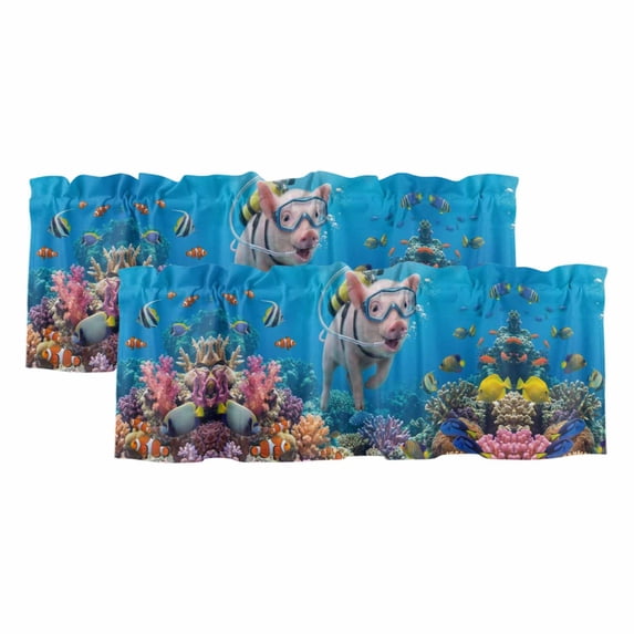 2 Pack Valances for Windows, Funny Diving Pig Window Valances for Living Room/Bedroom/Bathroom, Ocean Sea Coastal Coral Fish Marine Life Light Filtering Kitchen Curtain Valance 60"W x18" L