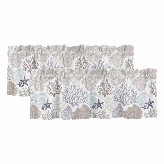 2 Pack Valances for Windows, Gray Shell Coral Window Valances for Living Room/Bedroom/Bathroom, Coastal Summer Beach Nautical Ocean Light Filtering Kitchen Curtain Valance 42"W x12" L
