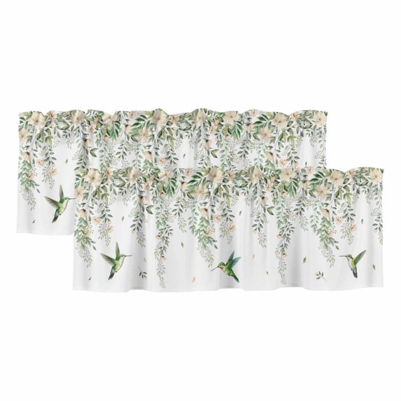 2 Pack Valances for Windows, Green Eucalyptus Leaves Window Valances for Living Room/Bedroom/Bathroom, Birds Flowers Spring Watercolor Floral Light Filtering Kitchen Curtain Valance 60"W x18" L