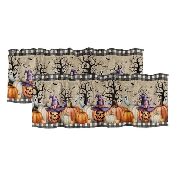 2 Pack Valances for Windows, Halloween Window Valances for Living Room/Bedroom/Bathroom, Orange Pumpkin Ghost Spooky Bat Trees Rustic Beige Light Filtering Kitchen Curtain Valance 42"W x12" L