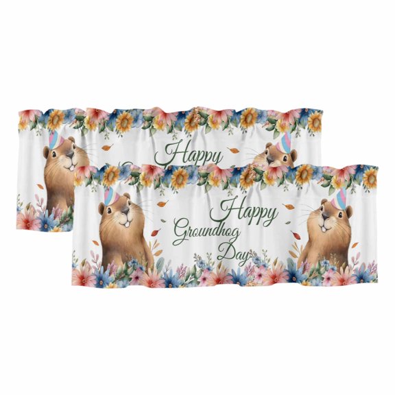 2 Pack Valances for Windows, Happy Groundhog Day Window Valances for Living Room/Bedroom/Bathroom, Cute Ground Rat Flower Bushes Leaves Light Filtering Kitchen Curtain Valance 42"W x12" L