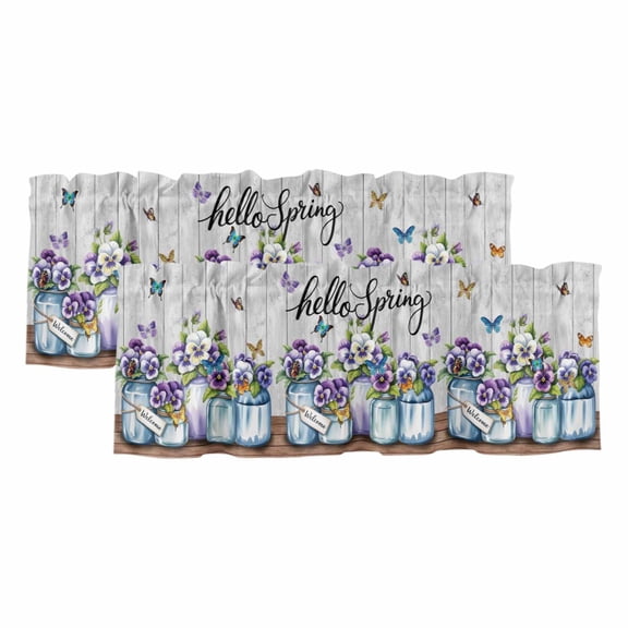 2 Pack Valances for Windows, Hello Spring Window Valances for Living Room/Bedroom/Bathroom, Pastoral Purple Bottle Floral Gray Wooden Light Filtering Kitchen Curtain Valance 42"W x12" L