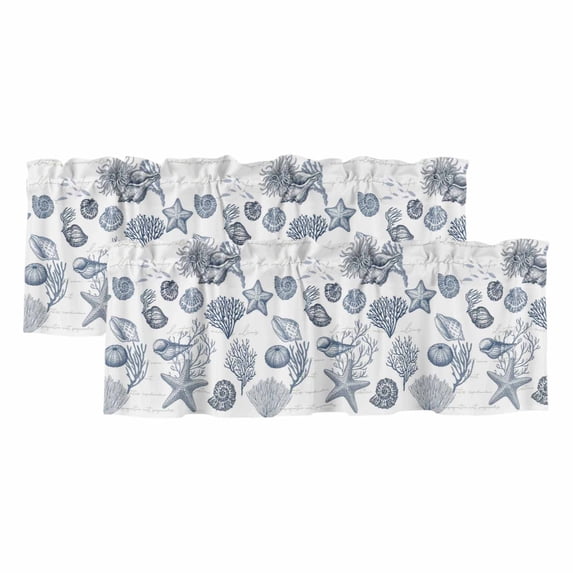 2 Pack Valances for Windows, Navy Blue Coastal Window Valances for Living Room/Bedroom/Bathroom, Nautical Starfish Coral Shell Ocean Summer Light Filtering Kitchen Curtain Valance 42"W x18" L