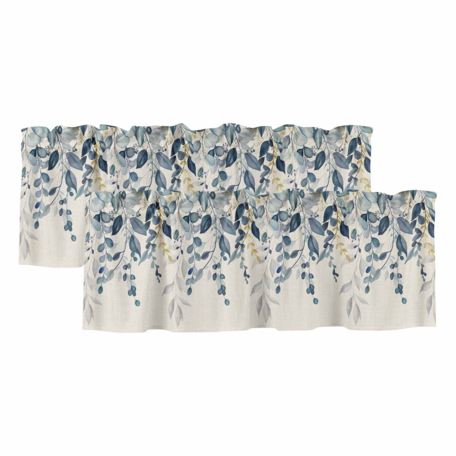 2 Pack Valances for Windows, Navy Blue Eucalyptus Window Valances for Living Room/Bedroom/Bathroom, Farmhouse Weeping Leaves Linen Light Filtering Kitchen Curtain Valance 42"W x12" L