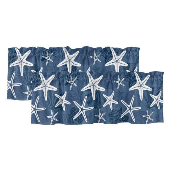 2 Pack Valances for Windows, Navy Blue Starfish Window Valances for Living Room/Bedroom/Bathroom, Coral Shell Ocean Vintage Coastal Light Filtering Kitchen Curtain Valance 42"W x12" L