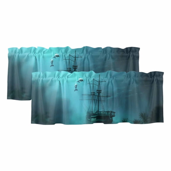 2 Pack Valances for Windows, Ocean Shipwrecks Window Valances for Living Room/Bedroom/Bathroom, Coastal Nautical Dolphins Vintage Light Filtering Kitchen Curtain Valance Window Treatment 42"W x12" L