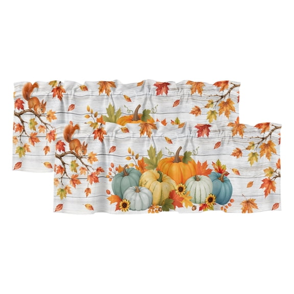 2 Pack Valances for Windows, Orange Fall Window Valances for Living Room/Bedroom/Bathroom, Thanksgiving Pumpkins Maple Squirrel Grey Wood Light Filtering Kitchen Curtain Valance 42"W x12" L