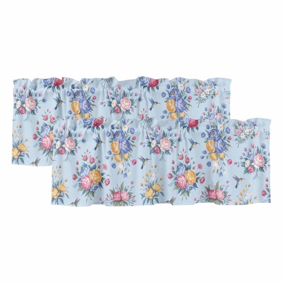2 Pack Valances for Windows, Pink Blue Flowers Window Valances for Living Room/Bedroom/Bathroom, Spring Floral Pastoral Birds Leaves Light Filtering Kitchen Curtain Valance 60"W x18" L