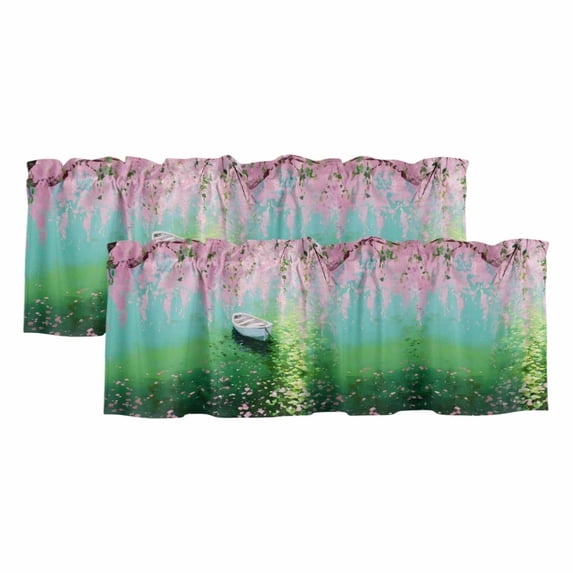 2 Pack Valances for Windows, Pink Flowers Window Valances for Living Room/Bedroom/Bathroom, Green Lake Spring Plants Small Boat Light Filtering Kitchen Curtain Valance Window Treatment 42"W x18" L