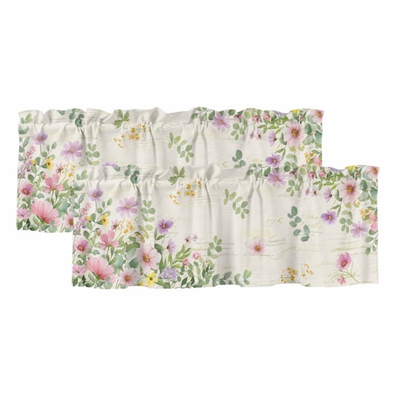 2 Pack Valances for Windows, Pink Purple Flower Window Valances for Living Room/Bedroom/Bathroom, Spring Vintage Country Floral Leaf Plant Light Filtering Kitchen Curtain Valance 42"W x12" L