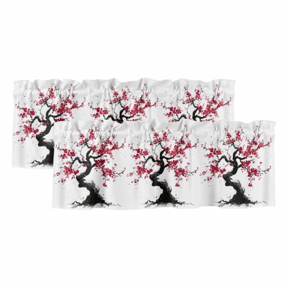 2 Pack Valances for Windows, Plum Tree Branches Window Valances for Living Room/Bedroom/Bathroom, Spring Chinese Traditional Ink Painting Light Filtering Kitchen Curtain Valance 42"W x12" L