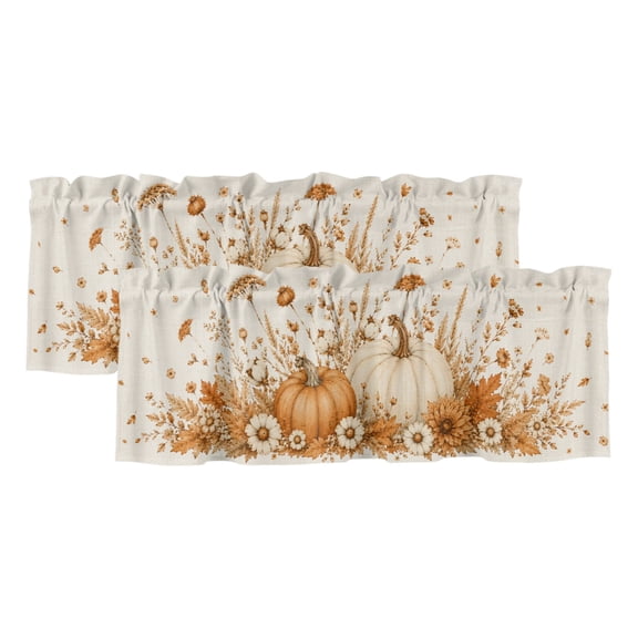 2 Pack Valances for Windows, Pumpkins Fall Window Valances for Living Room/Bedroom/Bathroom, Vintage Floral Thanksgiving Rustic Light Filtering Kitchen Curtain Valance Window Treatment 42"W x18" L