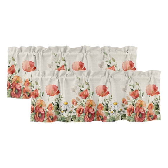 2 Pack Valances for Windows, Red Poppy Window Valances for Living Room/Bedroom/Bathroom, Spring Country Watercolor Daisy Flower Leaf Plant Light Filtering Kitchen Curtain Valance 42"W x12" L