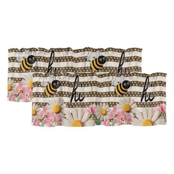 2 Pack Valances for Windows, Spring Bees Daisy Window Valances for Living Room/Bedroom/Bathroom, Rustic Tulips Dots Brown Striped Burlap Light Filtering Kitchen Curtain Valance 60"W x18" L