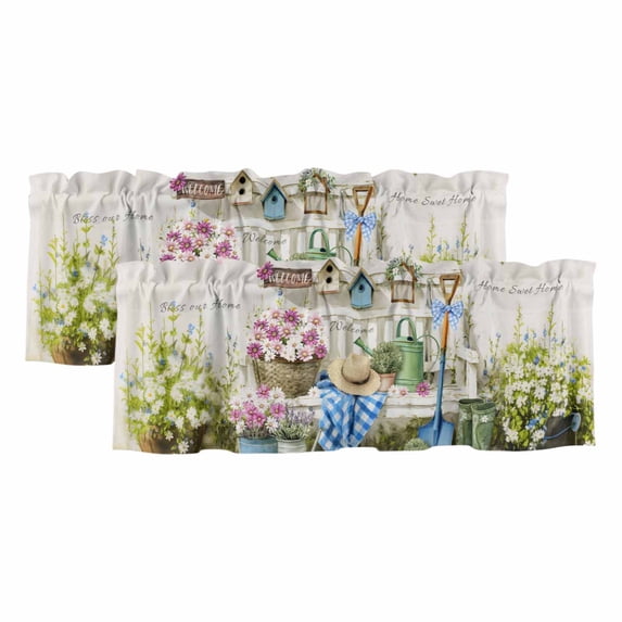 2 Pack Valances for Windows, Spring Daisy Window Valances for Living Room/Bedroom/Bathroom, Flowers Farmhouse Leaves Floral Pots Countryside Light Filtering Kitchen Curtain Valance 60"W x18" L