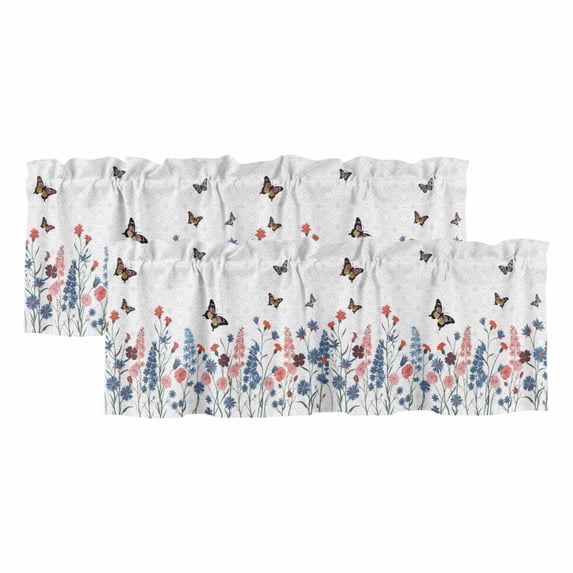 2 Pack Valances for Windows, Spring Floral Butterfly Window Valances for Living Room/Bedroom/Bathroom, Farmhouse Flowers Botanical Light Filtering Kitchen Curtain Valance 60"W x18" L