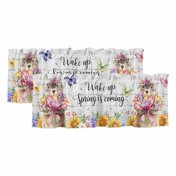 2 Pack Valances for Windows, Spring Groundhog Window Valances for Living Room/Bedroom/Bathroom, Watercolor Sunflower Botanical Vintage Light Filtering Kitchen Curtain Valance 42"W x18" L