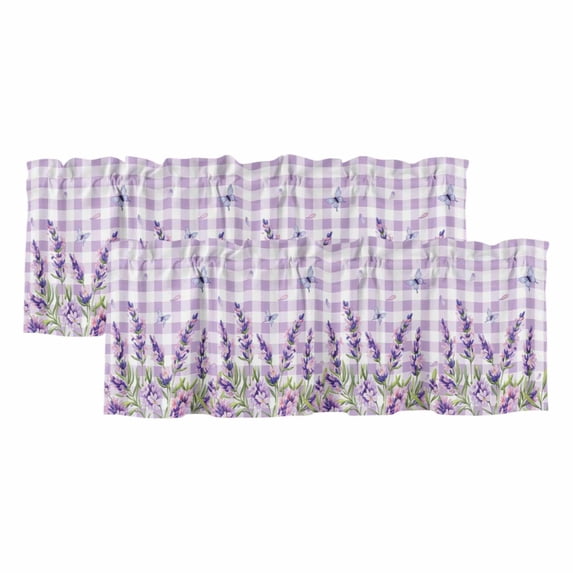 2 Pack Valances for Windows, Spring Lavender Floral Window Valances for Living Room/Bedroom/Bathroom, Flowers Butterfly Purple Plaid Light Filtering Kitchen Curtain Valance 60"W x18" L
