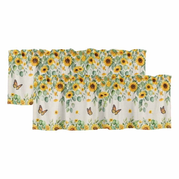2 Pack Valances for Windows, Spring Sunflowers Window Valances for Living Room/Bedroom/Bathroom, Eucalyptus Leaves Flowers Butterfly Beige Light Filtering Kitchen Curtain Valance 60"W x18" L