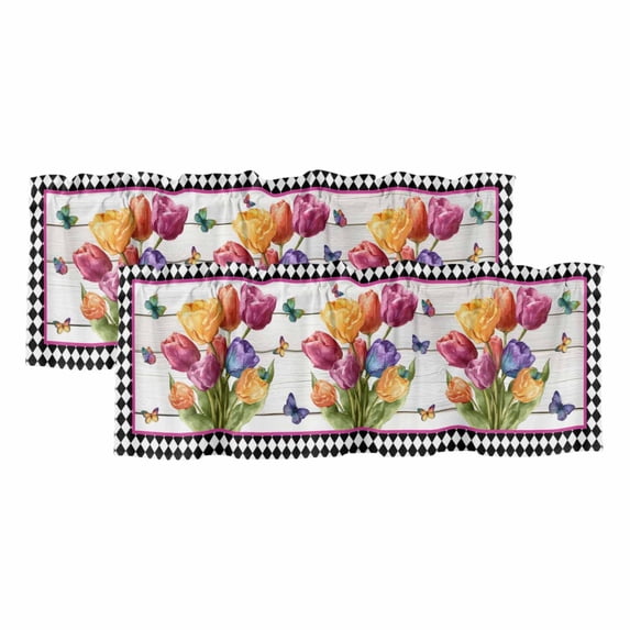 2 Pack Valances for Windows, Spring Tulips Window Valances for Living Room/Bedroom/Bathroom, Colorful Flowers Botanical Butterfly Farm Wooden Light Filtering Kitchen Curtain Valance 60"W x18" L