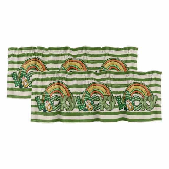 2 Pack Valances for Windows, St Patrick's Day Window Valances for Living Room/Bedroom/Bathroom, Green Lucky Gnomes Retro Green White Stripes Light Filtering Kitchen Curtain Valance 42"W x18" L