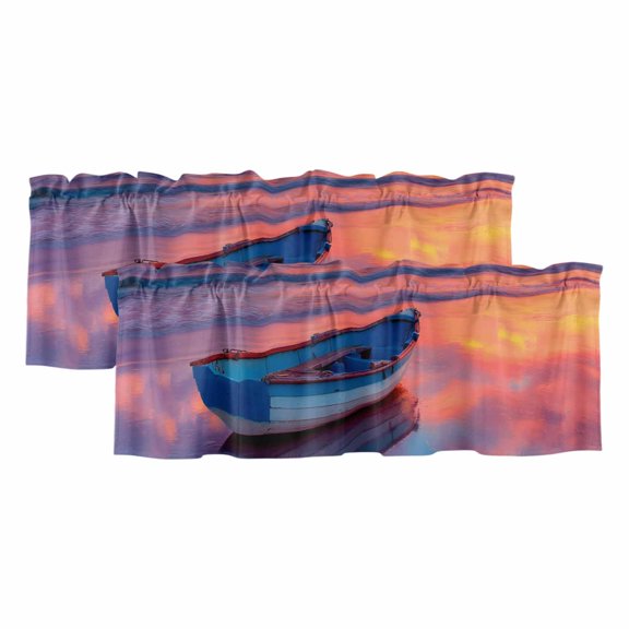 2 Pack Valances for Windows, Summer Beach Window Valances for Living Room/Bedroom/Bathroom, Boat Gradient Orange Sunset Natural Scenery Light Filtering Kitchen Curtain Valance 42"W x18" L