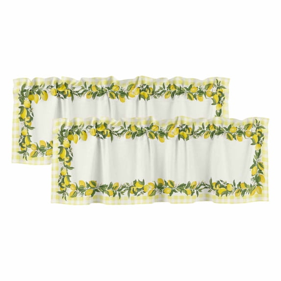 2 Pack Valances for Windows, Summer Lemons Window Valances for Living Room/Bedroom/Bathroom, Farmhouse Fruits Yellow Buffalo Plaid Light Filtering Kitchen Curtain Valance 42"W x18" L