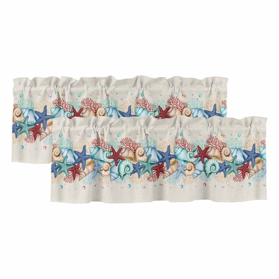 2 Pack Valances for Windows, Summer Starfish Window Valances for Living Room/Bedroom/Bathroom, Blue Conch Coral Ocean Retro Beige Light Filtering Kitchen Curtain Valance Window Treatment 60"W x18" L