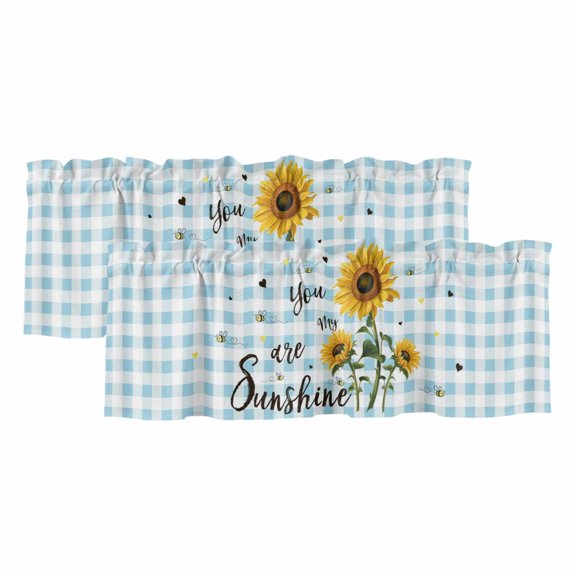 2 Pack Valances for Windows, Sunflower Window Valances for Living Room/Bedroom/Bathroom, Blue Plaid Farmhouse You Are My Sunshine Light Filtering Kitchen Curtain Valance Window Treatment 42"W x12" L