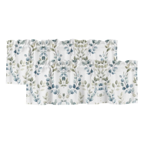 2 Pack Valances for Windows, Teal Blue Botanical Window Valances for Living Room/Bedroom/Bathroom, Eucalyptus Leaves Watercolor Summer Light Filtering Kitchen Curtain Valance 42"W x12" L