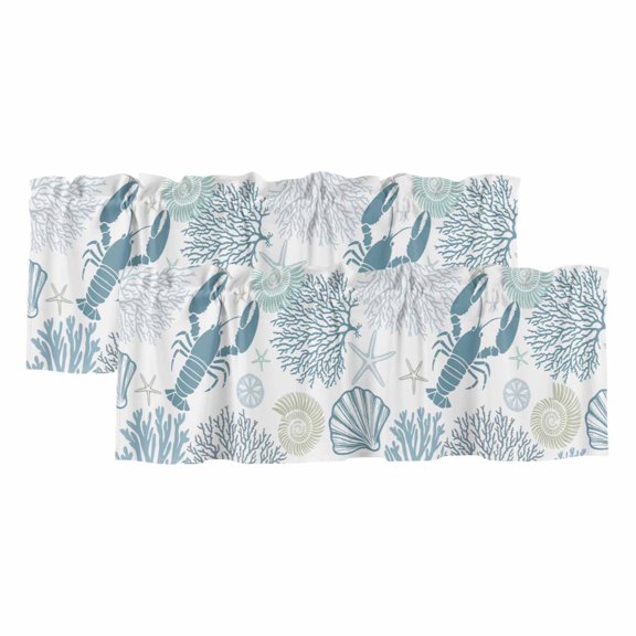 2 Pack Valances for Windows, Teal Blue Coastal Window Valances for Living Room/Bedroom/Bathroom, Summer Lobster Coral Nautical Light Filtering Kitchen Curtain Valance Window Treatment 42"W x12" L