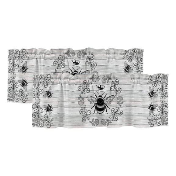 2 Pack Valances for Windows, Vintage Bees Crowns Window Valances for Living Room/Bedroom/Bathroom, Retro Leaves Rings Gray Wooden Light Filtering Kitchen Curtain Valance Window Treatment 42"W x12" L