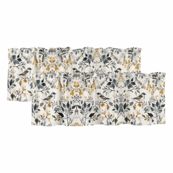 2 Pack Valances for Windows, Vintage Botanical Window Valances for Living Room/Bedroom/Bathroom, Yellow Grey Spring Floral Birds Light Filtering Kitchen Curtain Valance Window Treatment 42"W x12" L