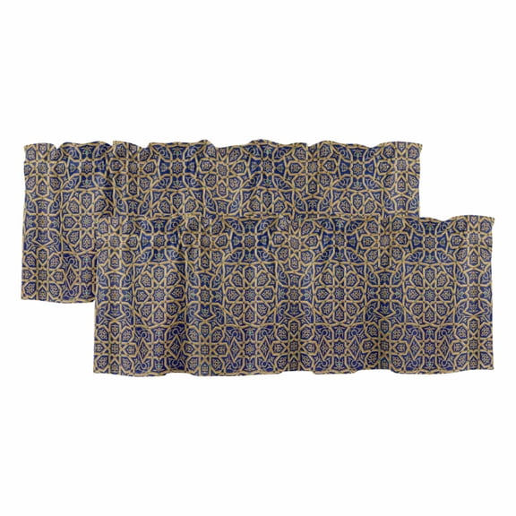 2 Pack Valances for Windows, Vintage Mediterranean Window Valances for Living Room/Bedroom/Bathroom, Retro Morocco Abstract Art Brown Blue Light Filtering Kitchen Curtain Valance 42"W x18" L