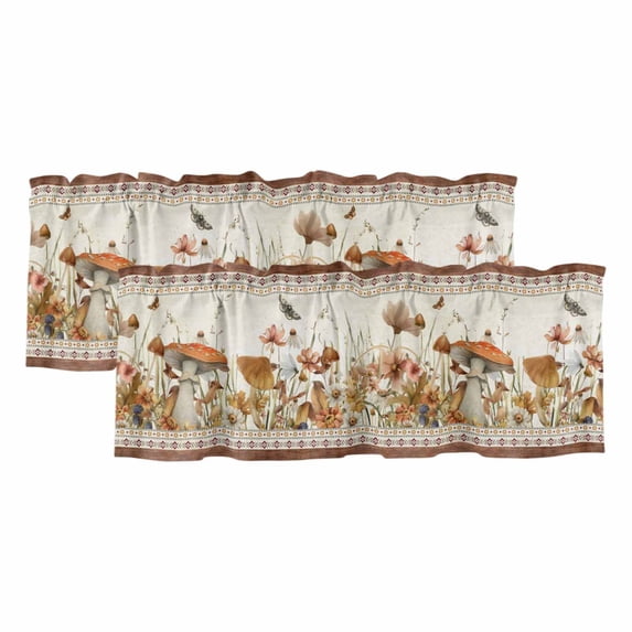 2 Pack Valances for Windows, Vintage Mushroom Window Valances for Living Room/Bedroom/Bathroom, Spring Floral Retro Art Pastoral Botanical Light Filtering Kitchen Curtain Valance 42"W x12" L