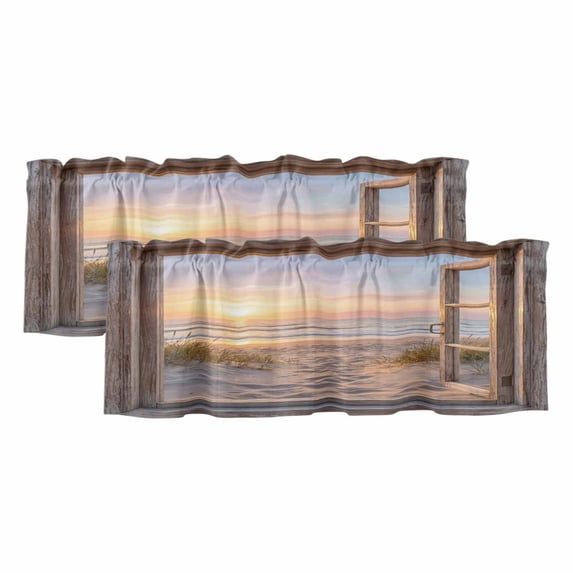 2 Pack Valances for Windows, Wooden Window Coastal Window Valances for Living Room/Bedroom/Bathroom, Seaside Summer Beach Sunset Light Filtering Kitchen Curtain Valance Window Treatment 60"W x18" L