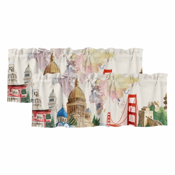2 Pack Valances for Windows, World Map Window Valances for Living Room/Bedroom/Bathroom, Farmhouse Famous Building Tourism Bridge Light Filtering Kitchen Curtain Valance Window Treatment 42"W x18" L
