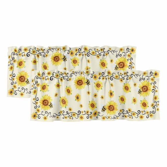2 Pack Valances for Windows, Yellow Sunflower Bees Window Valances for Living Room/Bedroom/Bathroom, Spring Summer Farmhouse Floral Light Filtering Kitchen Curtain Valance 60"W x18" L