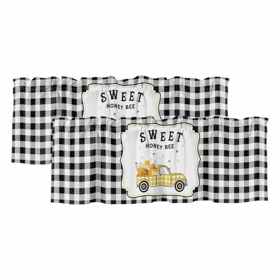 2 Pack Valances for Windows, Yellow Truck Window Valances for Living Room/Bedroom/Bathroom, Spring Bees Honey Daisy Black Lattices Light Filtering Kitchen Curtain Valance 60"W x18" L