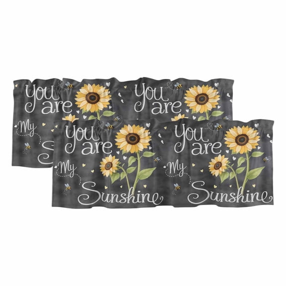 2 Pack Valances for Windows, You Are My Sunshine Window Valances for Living Room/Bedroom/Bathroom, Yellow Sunflowers Cute Bees Heart Dark Gray Light Filtering Kitchen Curtain Valance 42"W x12" L