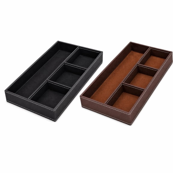 qiqianshu 2-Pack Valet Tray Desk Organizer, Premium PU Leather Catchall Tray with 4 Compartments for Keys, Jewelry, Sunglasses and Phone, Suitable for Nightstand and Office Desk